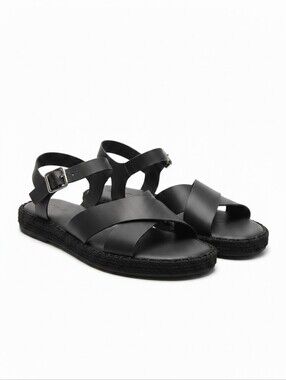 Truffle Collection Black Crisscross Faux Leather Sandals